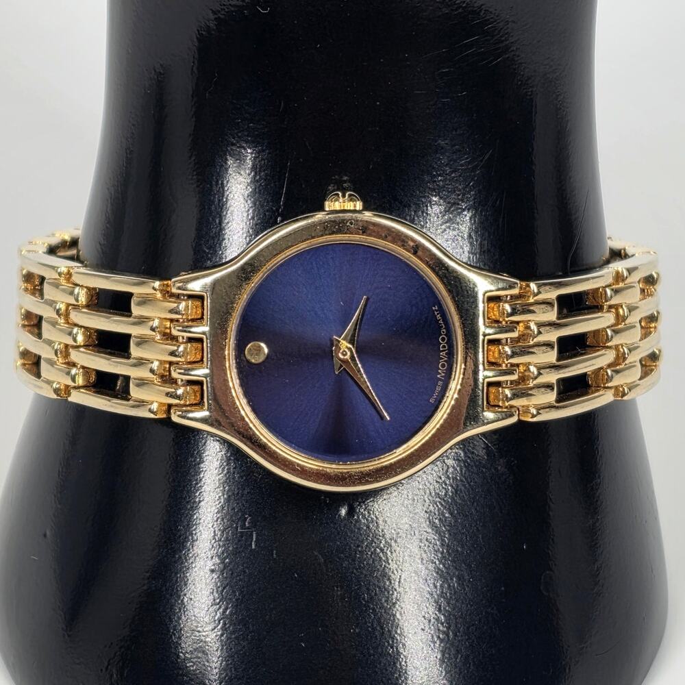 MOVADO VINTAGE WOMEN'S 7777 GOLD‑TONE / BLUE DIAL MUSEUM WATCH – NEW BATTERY